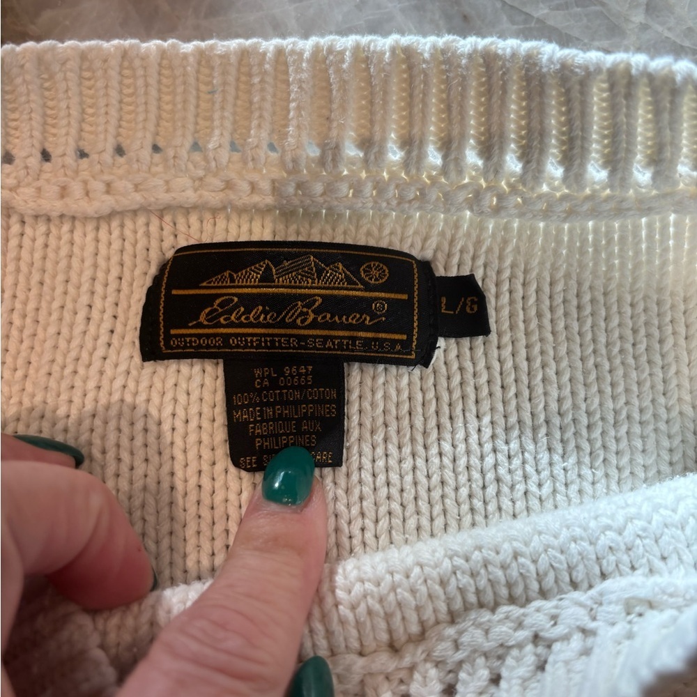 Vintage Eddie Bauer 100% Cotton Cream Knit Sweater L - Picture 3 of 4